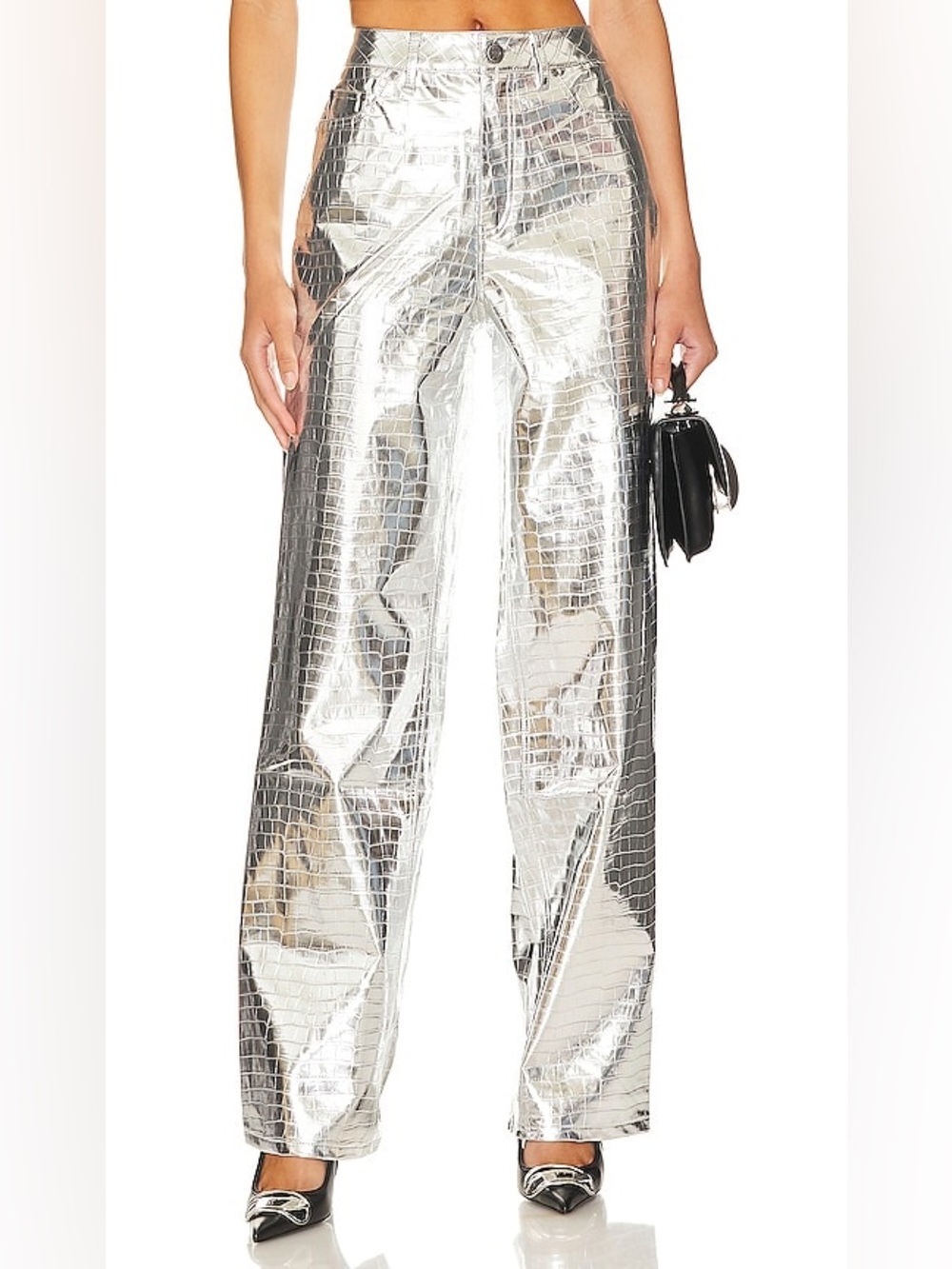 AFRM Marshall Metallic Silver Croc Embossed Pants 25